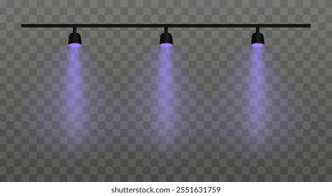 Purple Multi-light. Triple spotlights, ceiling lighting, focused beams, modern illumination, interior design, stage setup, brightness, decoration, electric fixture, event lighting, studio equipment.