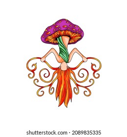 purple mushroom illustration with beautiful jellyfish woman hand drawn