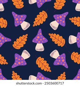 Purple mushrooms with orange polka dots and orange autumn leaves on black background. vector seamless pattern. Playful design for fall-themed projects, textiles, wrapping paper, clip art, wallpapers.