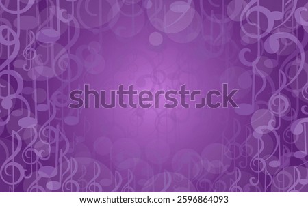 Purple music background with notes. Bokeh backdrop with falling and floating treble clefs, notes and space for text. Musical illustration for design, flyers, posters, awards, scrapbook, covers