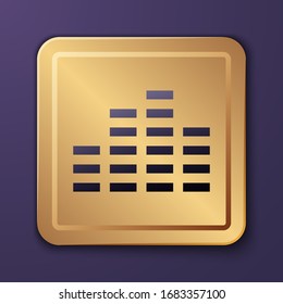 Purple Music equalizer icon isolated on purple background. Sound wave. Audio digital equalizer technology, console panel, pulse musical. Gold square button. Vector Illustration