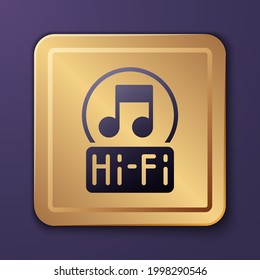 Purple Music note, tone icon isolated on purple background. Gold square button. Vector