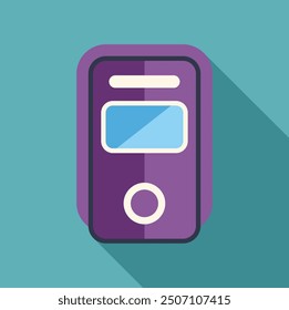 Purple music player with a screen displaying audio track information, set against a teal background with a long shadow