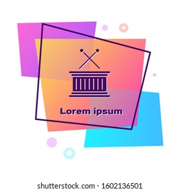 Purple Musical instrument drum and drum sticks icon isolated on white background. Color rectangle button. Vector Illustration