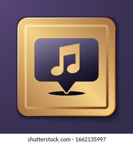 violette Musikalische Note in Sprachblase Symbol einzeln auf violettem Hintergrund. Musik- und Tonkonzept. Goldquadrat-Taste. Vektorillustration-Illustration