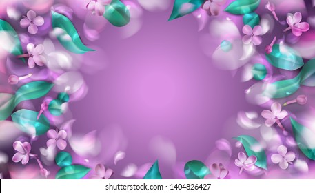 Purple mystery spring background with magic purple blurred flower petals and leaves vector illustration