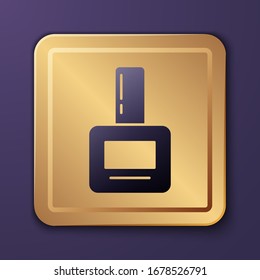 Purple Nail polish bottle icon isolated on purple background. Gold square button. Vector Illustration