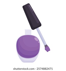 Purple nail polish bottle is open with the applicator brush out for a manicure or pedicure