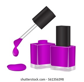 Purple nail polish bottle in a transparent, open and closed. A drop of ink dripping from the brush. Vector illustration.