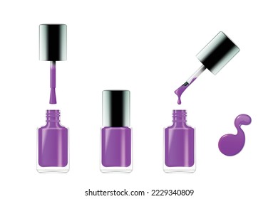 Purple nail polish realistic set. Nailpolish paint for manicure and pedicure opened and closed bottle with lid, brush and enamel drop on white background. 3d vector illustration