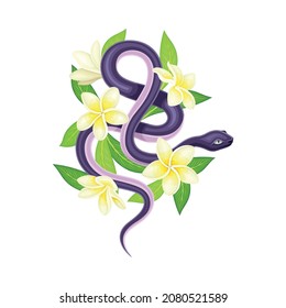 Purple nake coiled around white flowers vector illustration