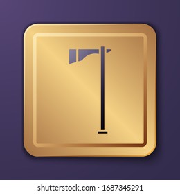 Purple Native american tomahawk axe icon isolated on purple background. Gold square button. Vector Illustration