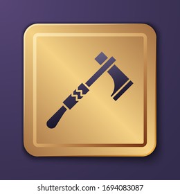 Purple Native american tomahawk axe icon isolated on purple background. Gold square button. Vector Illustration