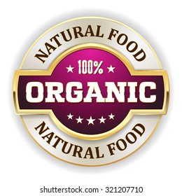 Purple natural food badge with gold border on white background