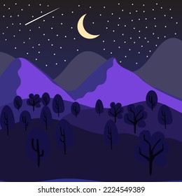 Purple nature and purple landscape. Vector illustration of night with purple color and purple sky filled with stars and moon. Picture for background, banner, card or cover