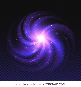 Purple nebula, spiral galaxy with glowing planets and stars. Space twisted andromeda system with white hole and milky way, deep cosmos with interstellar dust, abstract realistic vector on transparent