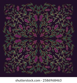 Purple  neck scarf with a stylized flowers. Vector design for a neckerchief, carpet, kerchief, bandana, rug. Elegance floral pattern.