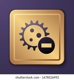 Purple Negative virus icon isolated on purple background. Corona virus 2019-nCoV. Bacteria and germs, cell cancer, microbe, fungi. Gold square button. Vector Illustration