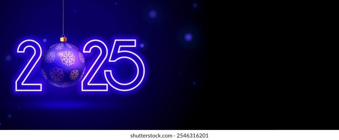 purple neon 2025 new year bauble banner with empty space vector