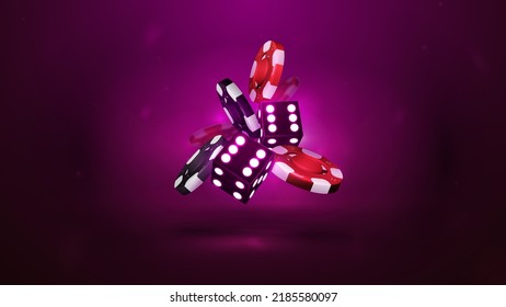 Purple neon 3D dice with red and black realistic gambling stack of casino chips on purple background