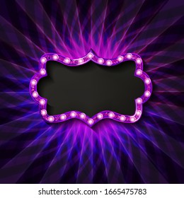 Purple neon abstract shape frame. Luminous swirling bunner. Shining circle light banner. Glowing spiral. Light Ring background. Abstraction geometric neon circle. Shine LED ellipse 3D illustrator