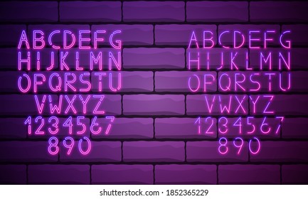 Purple Neon Alphabet Font. Light effect letters, numbers on the brick wall background. Vector typeface for labels, titles, posters etc