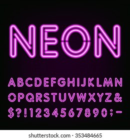 Purple Neon Alphabet Font. Light effect letters, numbers and symbols on the dark background. Vector typeface for labels, titles, posters etc.