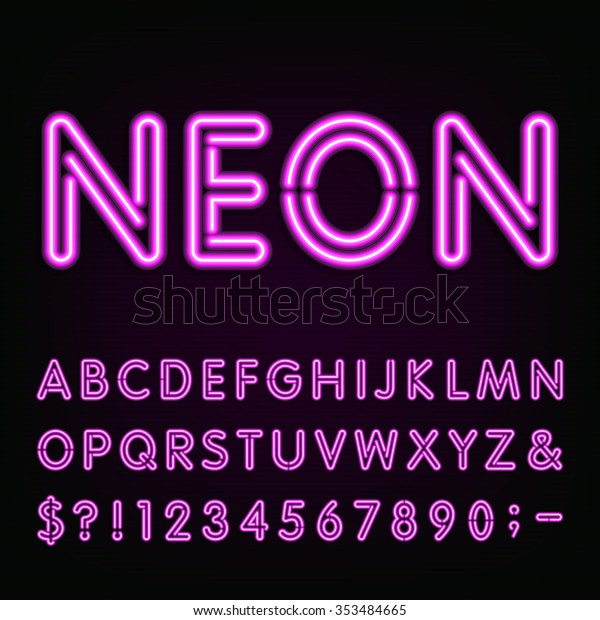 Purple Neon Alphabet Font Lichteffekt Buchstaben Zahlen Stock Vektorgrafik Lizenzfrei