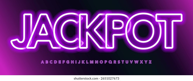 Purple neon alphabet, glowing 3D outline letters, vibrant electric font for slot banner, jackpot sign, casino button, nightlife logo, sexshop text, luminous typographic design. Vector typeset