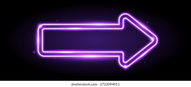 Elemento de flecha de neón púrpura. Violeta rosa brillante led señal de dirección. Lámparas de tubo de brillo en forma de punta de flecha. Vector de luz led de neón. Efecto fluorescente luminoso brillante del puntero para el Anuncio, cartel, logotipo