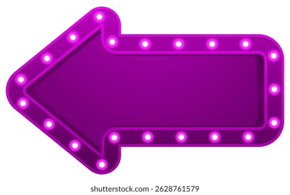 Sinal de seta neon roxo com luzes brancas apontando para a esquerda