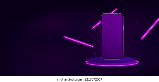 Purple neon background with 3D realistic smartphone in podium, front view. 3D mobile phone with neon circle stage with lamps. Concept presentation, show product. Smartphone background. Vector banner