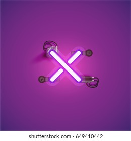 Purple neon character from a font set on a purple background, vector illustration