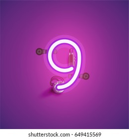 Purple neon character from a font set on a purple background, vector illustration