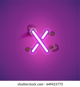 Purple neon character from a font set on a purple background, vector illustration