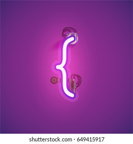 Purple neon character from a font set on a purple background, vector illustration