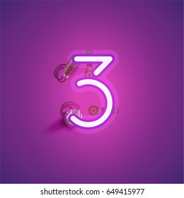 Purple neon character from a font set on a purple background, vector illustration