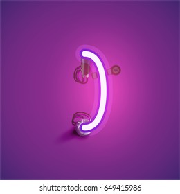 Purple neon character from a font set on a purple background, vector illustration