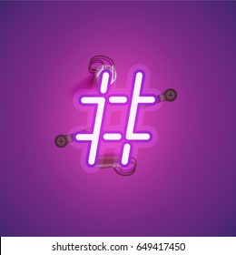 Purple neon character from a font set on a purple background, vector illustration