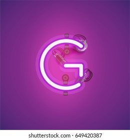 Purple neon character from a font set on a purple background, vector illustration