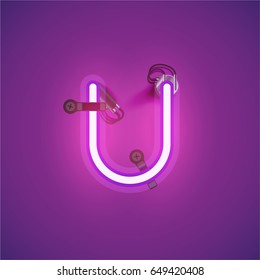Purple neon character from a font set on a purple background, vector illustration