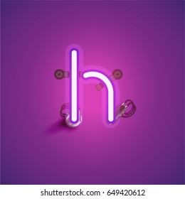 Purple neon character from a font set on a purple background, vector illustration