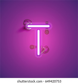 Purple neon character from a font set on a purple background, vector illustration