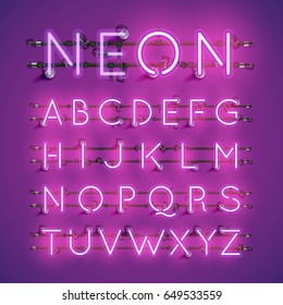 Purple Neon Character Font Set On Purple Background, Vector Illustration