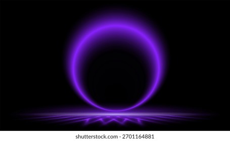 Purple neon circle, beams reflected on the stage. Vector Illustrator