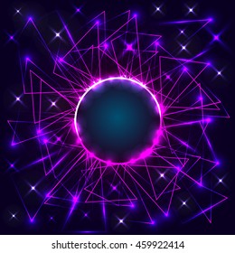 Purple neon circle with triangles. Vector futuristic technical background. Light and neon particles. Vector illustration. 