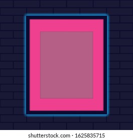 Purple neon empty frame on dark blue wall, vector illustration.