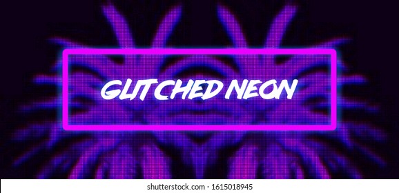 Purple neon frame against abstract violet palm trees. Trendy backdrop with glitch effect. Retro futuristic wallpaper in a style of cyberpunk. EPS 10.