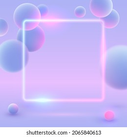 Purple neon frame, rectangle, square with realistic blue balls, blured and luminous, luminescent pink balls in blue light abstract background for advertising, web, poster. Vector illustration. 