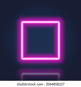 Purple Neon Frame with Reflection Effect. Realistic Square Neon Banner with Glowing Border on Dark Background. Square Neon Shiny Sign. Electric Light Rectangle. Isolated Vector Illustration.